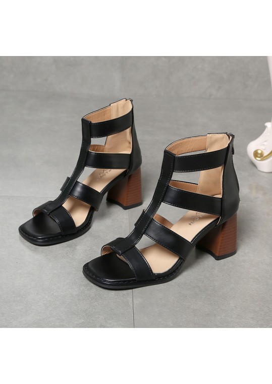 Women Vintage Simple Hollow Chunky Heel Roman 