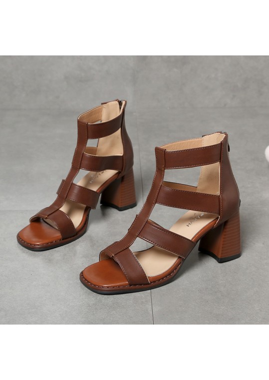 Women Vintage Simple Hollow Chunky Heel Roman 