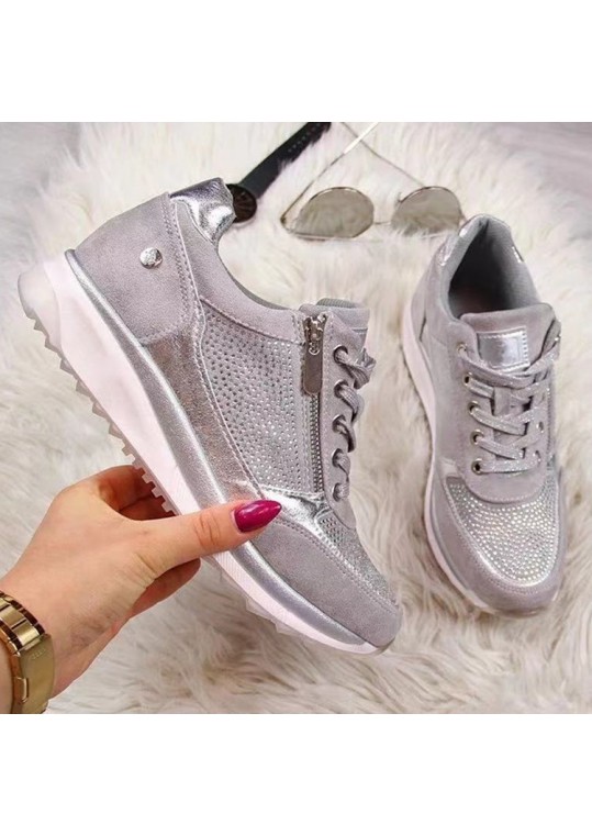 Women Fashion Casual Plus Size Zipper Decorative Rhinestone Lace-Up 