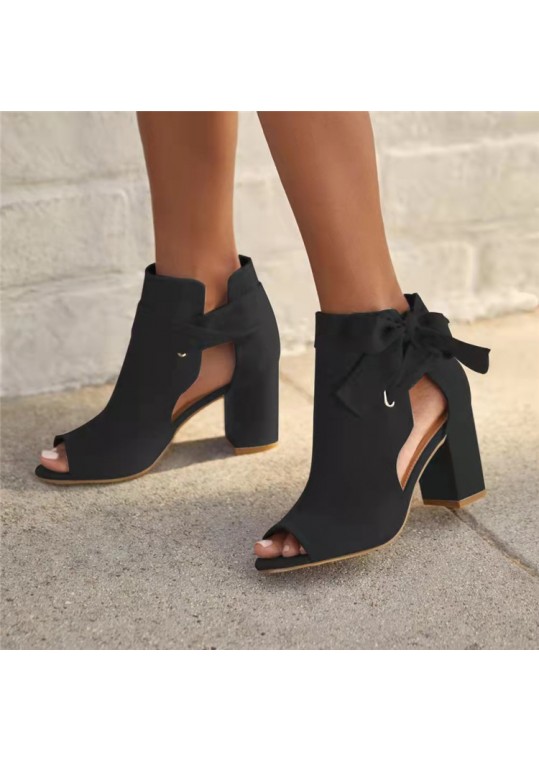 Women Retro Solid Color Hollow-Out Chunky Heeled 