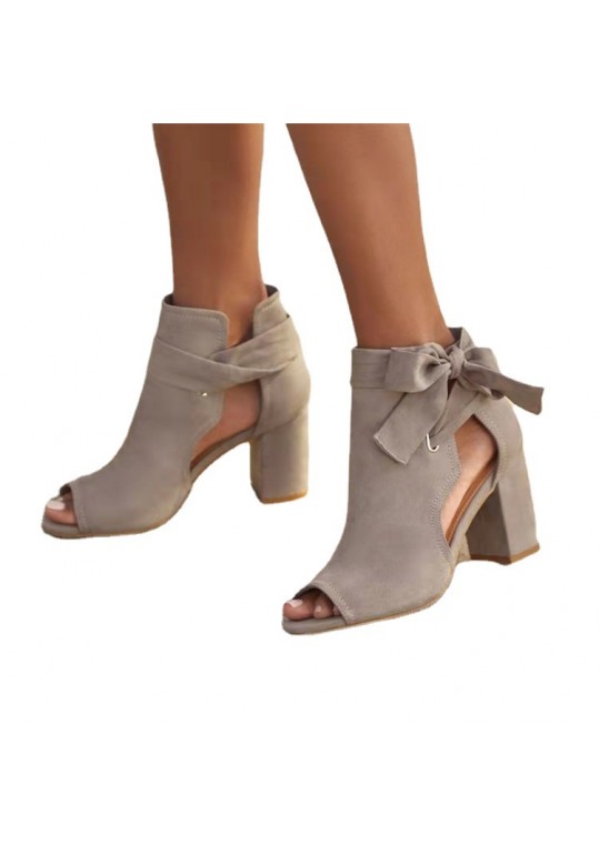 Women Retro Solid Color Hollow-Out Chunky Heeled 