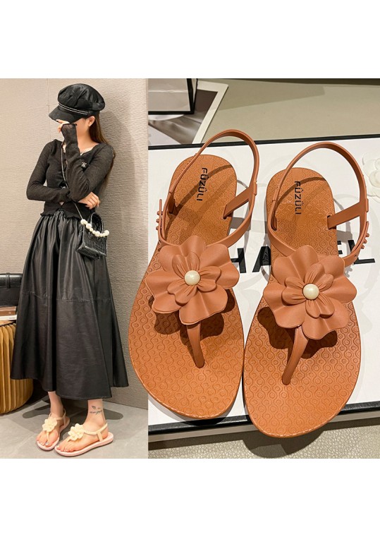 Summer Women Fashion Plus Size Floral Round Toe Flat Thong 