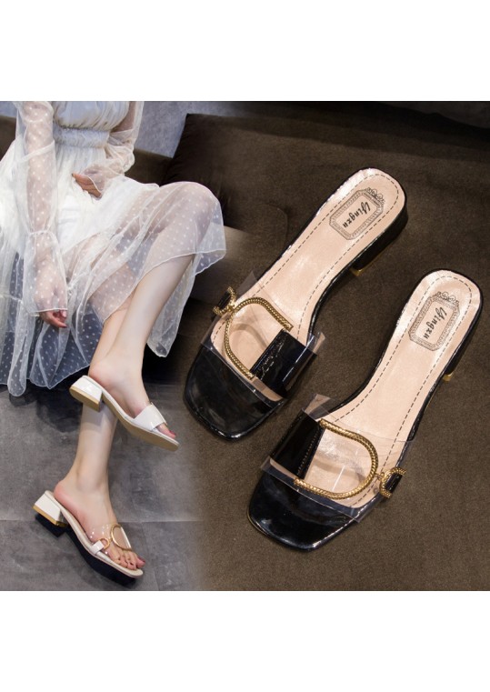 Summer Women Fashion Metal Buckle Transparent With Square Toe Chunky Heel 