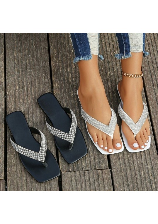 Summer Women Fashion Plus Size Rhinestone Square Toe Flat Flip-Flop