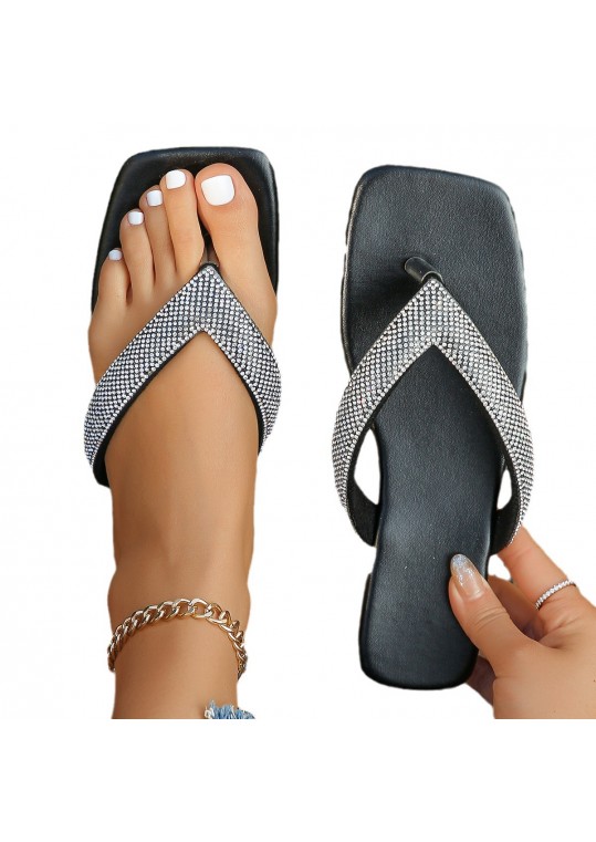 Summer Women Fashion Plus Size Rhinestone Square Toe Flat Flip-Flop