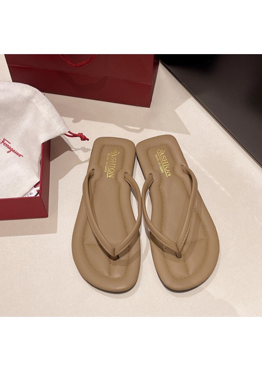 Summer Women Fashion Solid Color Round Toe Flat PU Flip-Flop