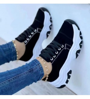 Women Casual Plus Size Solid Color Round Toe Lace-Up Thick-Soled Sneaker